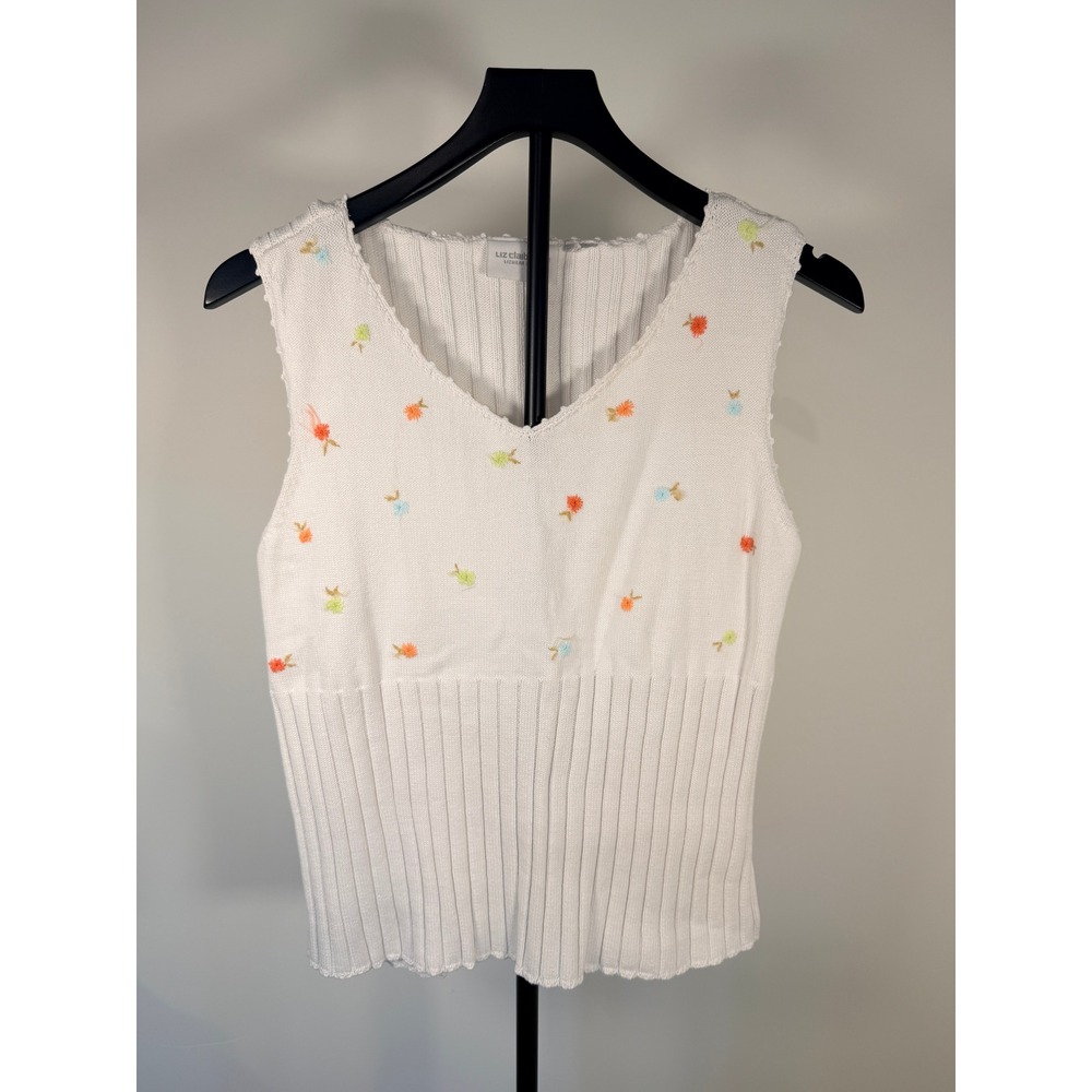 Liz Claiborne Lizwear Jeans White Floral Embroidered Knit Sweater Vest V-Neck